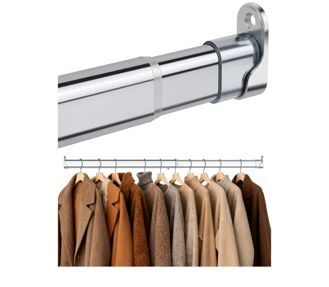 Premium Chrome Oval Closet Rod for Hanging Clothes 30 to 54.5 Inch, Includes End Supports, Adjustable Wardrobe Tube, Heavy Duty Extendable Closet Pole, Carbon Steel