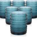 ZMOWIPDL Vintage Glassware Drinking Glasses Set of 6, 12 oz Hobnail Glass Cups, Embossed Blue Water Tumbler, for Beer, Cocktail, Whiskey, Juice and Various Mixed Drinks- 1 Cleaning Brush