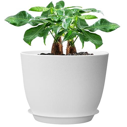 UOUZ 12inch Large Plant Pot, Modern Plastic Planter with High Driange Holes and Saucer for Indoor Outdoor Garden Plants and Flowers, White