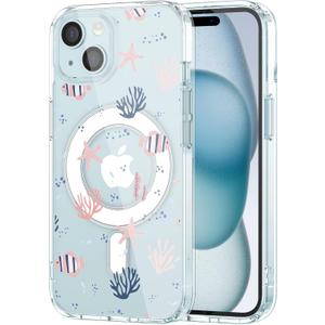MAYCARI for iPhone 15 Case Compatible with Magnet, Original Ocean Starfish Coral Clear Magnetic Phone Cover for Girls Women Summer Soft TPU Hard Back Shockproof Protective Phone Case for 15 6.1"