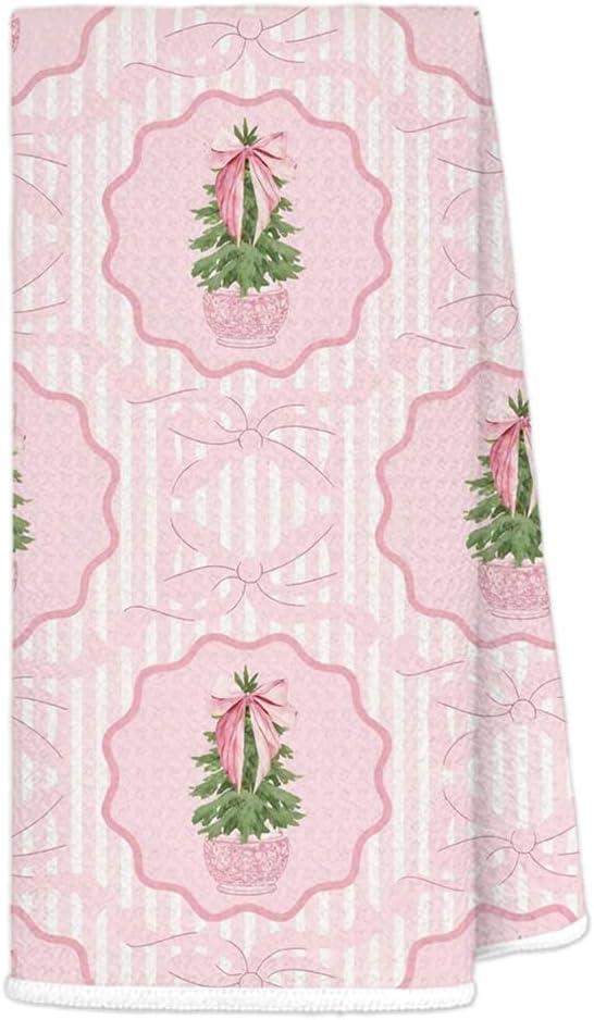 JINYO Grandmillennial Pink Christmas Kitchen Towels, Coquette Pink Bow Chinoiserie Christmas Tree Decorative Hand Towels for Bathroom Kitchen, Preppy Xmas Tree Dish Tea Towel, 16x24 Inch