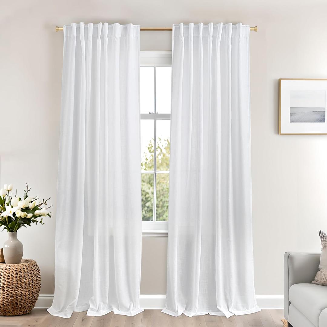 Mrs.Naturall White Linen Curtains 84 Inches Long for Bedroom,Light Filtering Semi Sheer Curtains 84 Inch Length 2 Panels Set