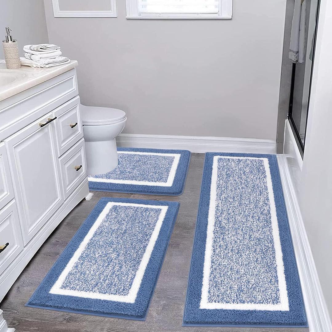 Pauwer Bathroom Rug Mat Set 3 Piece, Microfiber Shaggy Bath Set, Non-Slip Ultra Soft Carpet Mats, Absorbent with U-Shaped Toilet for Bathroom, Tub, Shower, Blue