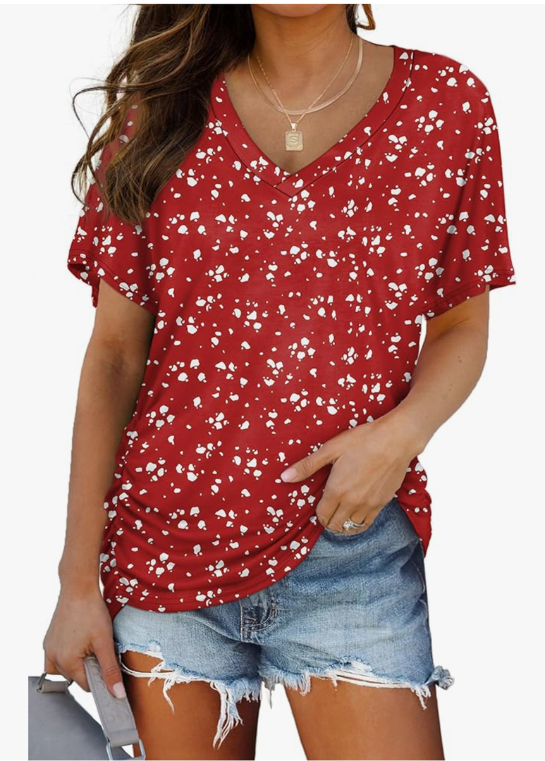 WIHOLL Womens Short Sleeve V Neck Dolman Tops with Side Shirring Loose Fit Shirts S