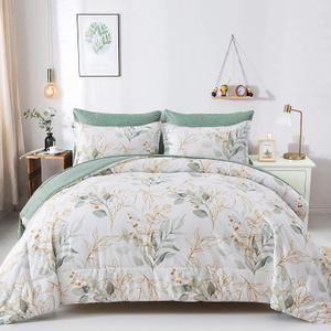WONGS BEDDING Botanical Comforter Set Full, 7 Pieces Floral Reversible Bed in a Bag Green Leaves Bedding Set Soft Microfiber Full (1 Comforter,2 Pillowcase,2 Pillow Shams,1 Flat Sheet,1 Fitted Sheet), Full 78"x90"