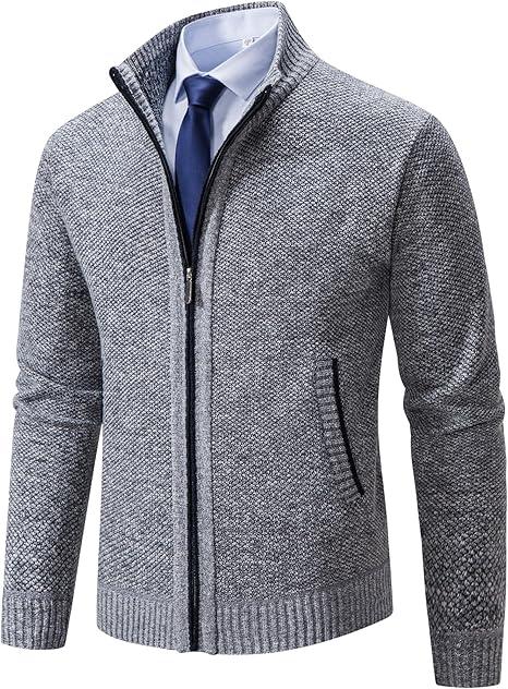 Men's Cardigan Sweaters Full Zip Up Stand Collar Slim Fit Casual Knitted Sweater with 2 Front Pockets, L