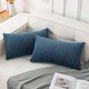 UGASA Velvet 12x20 Inch Lumbar Soft Throw Pillow Covers Decorative Corduroy Striped Both Sides Solid Rectangular Cushion Cases Boho Farmhouse for Couch Bedroom Sofa Home, Pack of 2, New-Dusty Blue