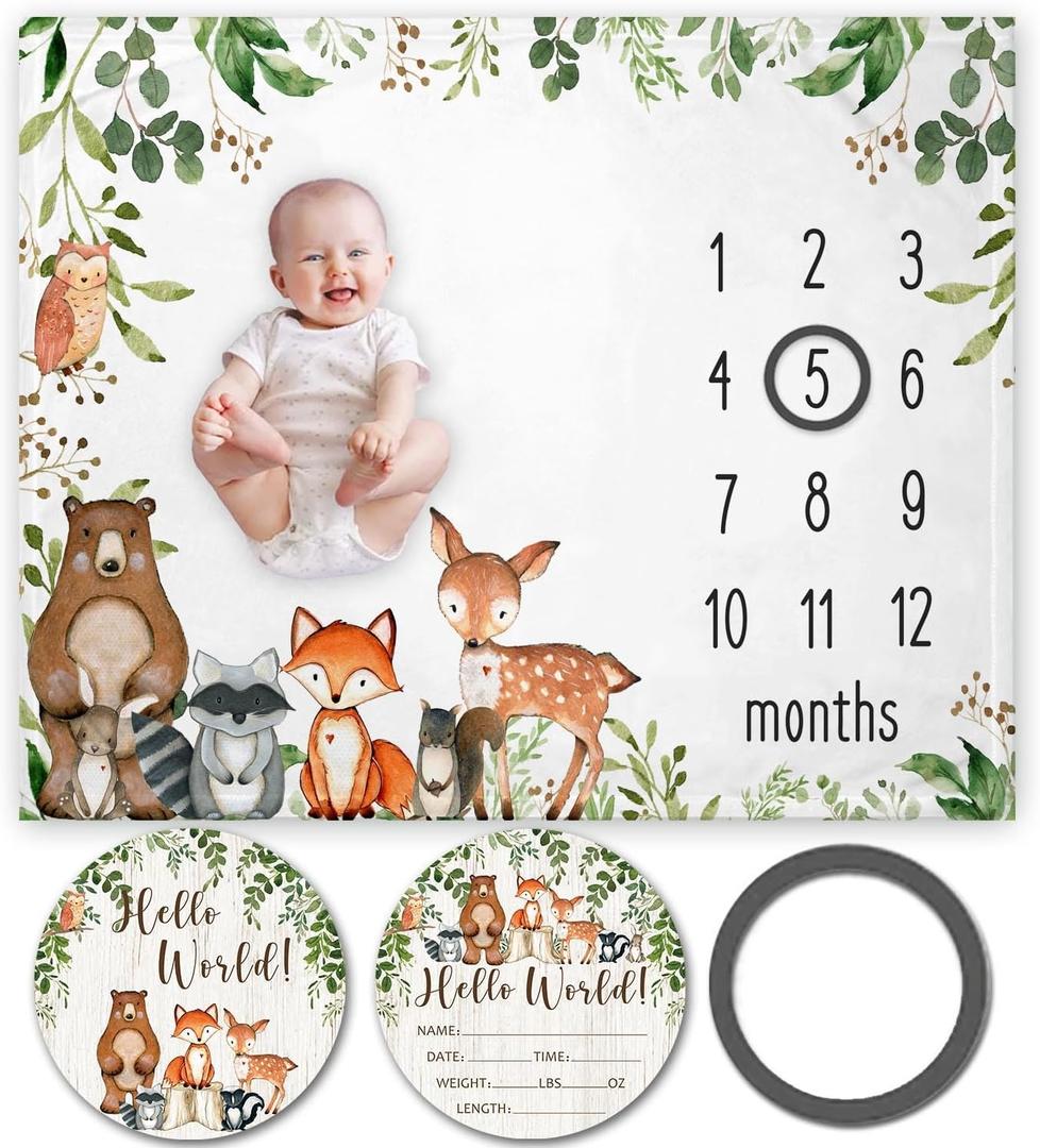 Yuzioey Woodland Animals Baby Milestone Blanket with Birth Stat Sign, Forest Baby Growth Chart Monthly Blanket, Watch Me Grow Woodland Baby Nursery for New Moms Baby Shower(50"x40")