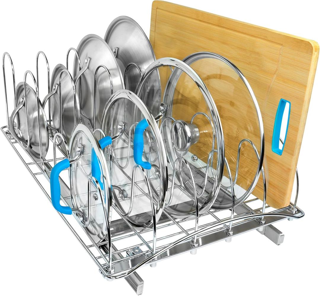 LYNK PROFESSIONAL Pull Out Pot Lid and Cookie Sheet Organizer Rack for Cabinet - Sliding Kitchen Organizers Pans, Lids, and Tray Storage - 14W x 21D, Extra-Large, Chrome