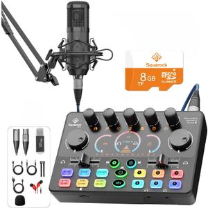 Podcast Equipment Bundle, +8GB Memory Card, Audio Interface Mixer with 48V Condenser Microphone, Built-in Recorder, Stereo, Voice Change for Podcast Recording, Streaming, Cam/PC/Phone/Tiktok (RS2i2)