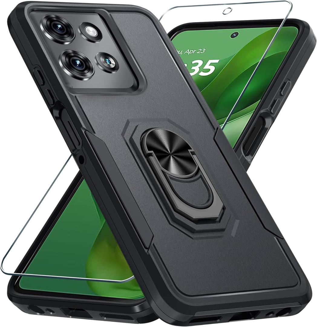 Janmitta Compatible with Motorola Moto G Power 5G 2025 Case with Screen Protector,Heavy Duty Shockproof Full Body Protective Cover Built in Rotatable Metal Ring Holder Kickstand,Black Matte