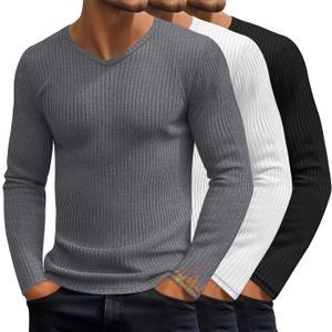 3 Pack Men's Big and Tall Thermal Shirts Cotton Fleece Lined Long Sleeve Ribbed V Neck Sweater Casual Layer (XXXL)
