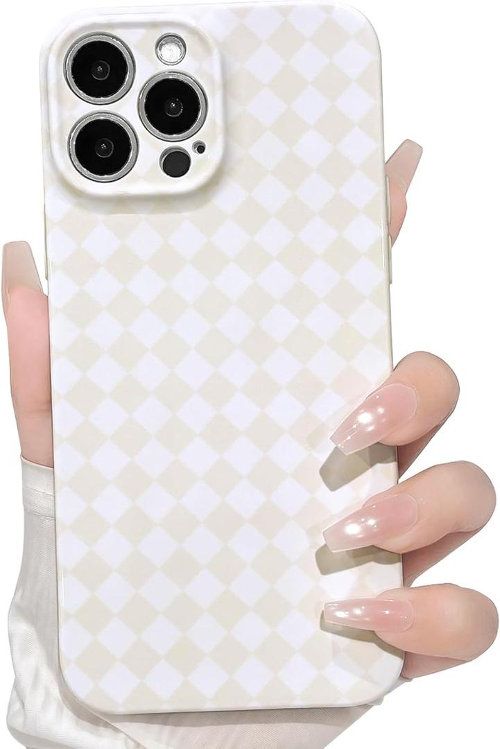NITITOP Compatible with iPhone 15 Pro Max Case Cute Argyle Lattice Checkered Plaid for Women Girl Men Boy Glossy Back Shockproof Protective Phone Cover - Apricot