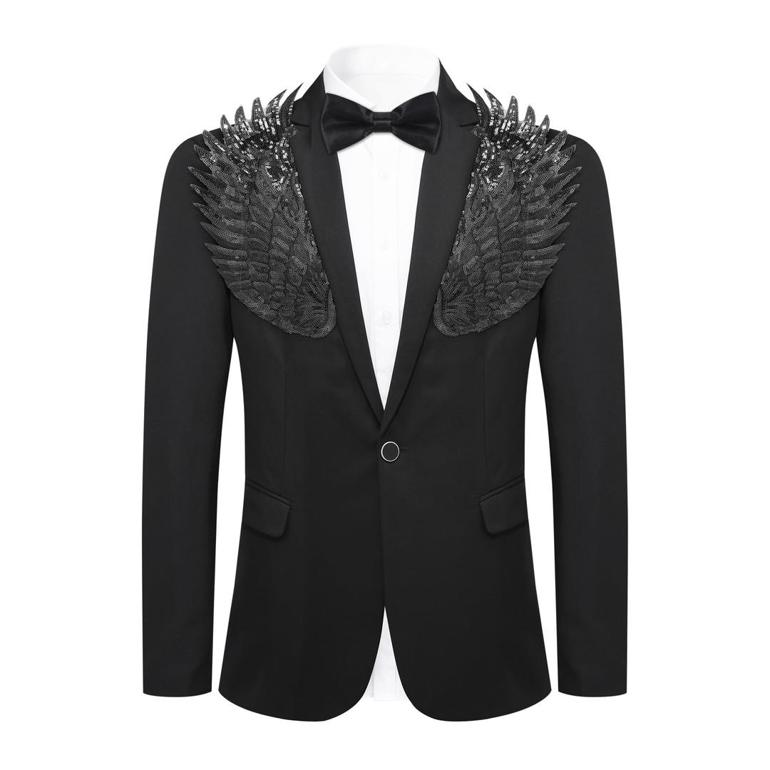 Cloudstyle Men's Wedding Sequin Wing Stage Clothes Premium Suit Jacket Blazer Coat Black Black L