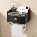 Voldra Toilet Paper Holder with Shelf, Flushable Wipes Dispenser for Bathroom, Adhesive Toilet Paper Roll Holder with Storage Wall Mount Stick On Bathroom Tissue Holder Front Flip Design (Matte Black)
