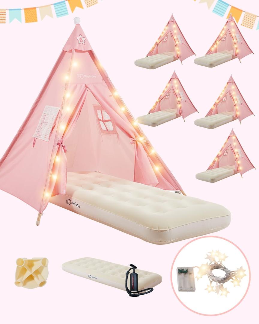 6 Pack Teepee Tent for Kids with Inflatable Airbed, Light, Toddler Playents Children Room Tents, Slumber Party Sleepover Tents, Indoor Outdoor Kids Playtent Playhouse for Girls & Boys (Pink)