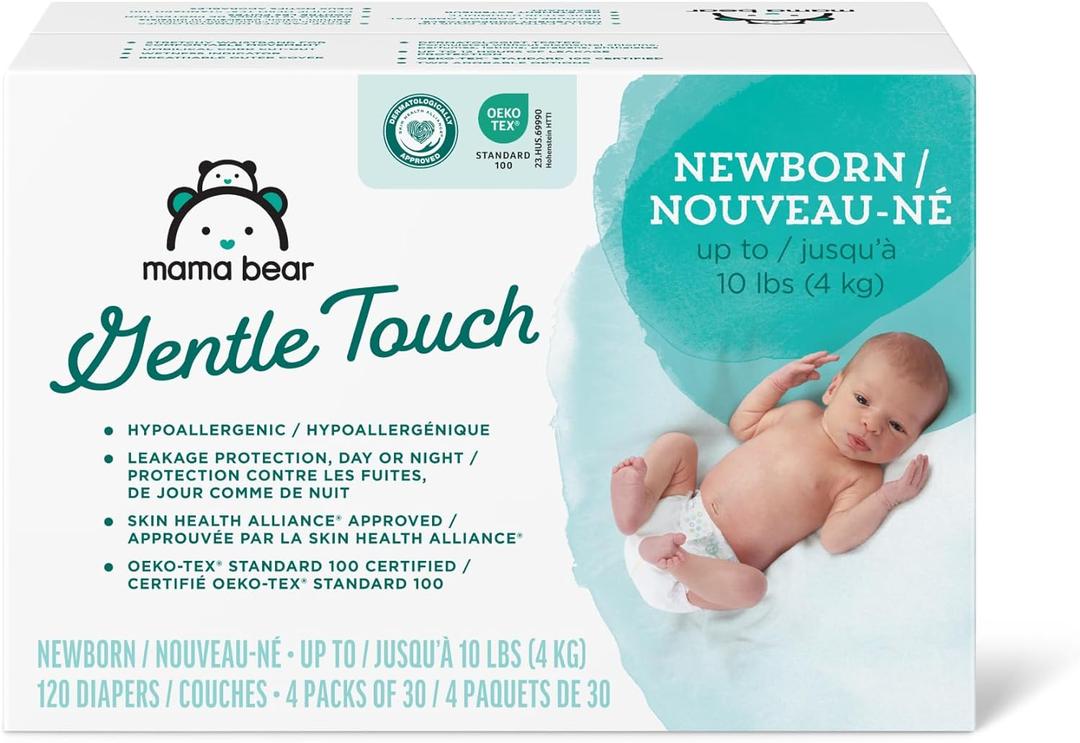 Amazon Brand - Mama Bear Gentle Touch Diapers, Hypoallergenic, Newborn, 120 Count (4 Pack of 30), White (Newborn, 30 Count (Pack of 4))