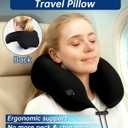 Inflatable Travel Neck Pillow for Airplane with Adjustable 360 Head & Neck Support, 2-in-1 Air Pump and Storage Bag, Soft Removable Washable Cover for Airplane, Train, Office (1, Black)