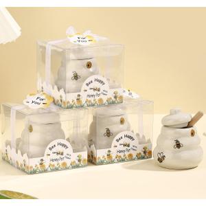 12 Sets Ceramic Bee-Happy Honey Pot with DipperHoney Jar Serving Set with Exquisiting Package for Wedding Favor,Bridal Shower Favor, Baby Shower FavorParty Favor (12)