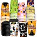 96 Pcs 48 Sets Halloween Disposable Coffee Cups 12oz Disposable Paper Cups with Lids,6 Halloween Styles for Coffee, Snacks, Hot and Cold Drinks, Trick or Treat Party Cosplay Party Decoration Supplies