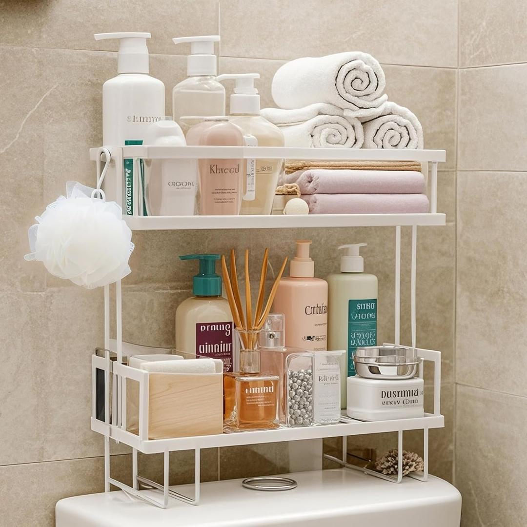 ShellKingdom Over The Toilet Storage Shelf, 2 Tier Toilet Paper Holder Stand Shelves, Punch-Free Bathroom Storage Rack with 2 Hooks, Small Space Organizers for Bathroom, Home, Countertop, White