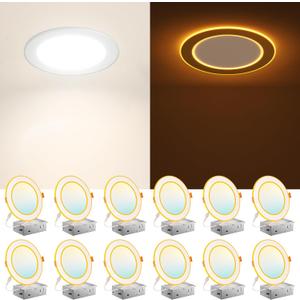 Amico 12 Pack 6 Inch 5CCT LED Recessed Ceiling Light with Double Ring Night Light, 2700-5000K Selectable Ultra-Thin Recessed Lighting, 12W=110W, 1100LM, Dimmable Canless Wafer Downlight, ETL, FCC