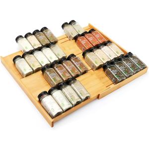 Bamboo Spice Drawer Organizer, (Need 3.1 Deep Drawer) Expandable 4 Tier Spice Rack for Cabinet (From 12" to 23" Wide), Seasoning Storage Insert, Spice Organizer for Drawer,Jars Not Included
