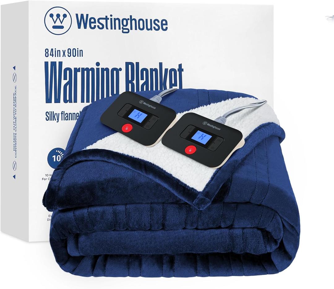 Westinghouse Electric Blanket Queen, Heated Blanket Queen Size with 10 Heating Levels and 1 to 12 Hours Heating Time Settings, Flannel to Sherpa Reversible, Machine Washable (84" x 90", Navy)