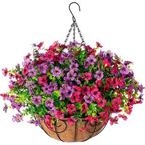 HyeFlora Artificial Faux Hanging Plants Flowers Basket for Spring Summer Outdoor Outside Decoration, Fake Silk Colorful Daisy Eucalyptus in Planter UV Resistant Realistic for Porch Patio Balcony Yard