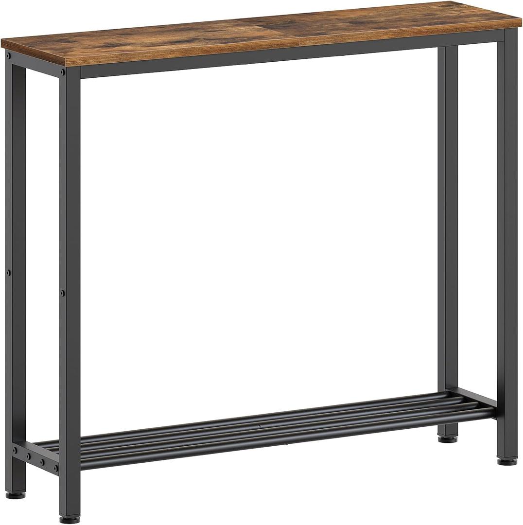 YATINEY Narrow Console Table, 2-Tier Small Sofa Table, 29.5" Thin Entryway Behind Couch Table with Shelves, Industrial Hallway Table, for Living Room, Foyer, Rustic Brown and Black CT03BR