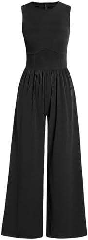 ANRABESS Womens Jumpsuits Dressy Summer Casual One Piece Outfits High Neck Tank Top Wide Leg Pants Rompers Jumper Pockets. Large