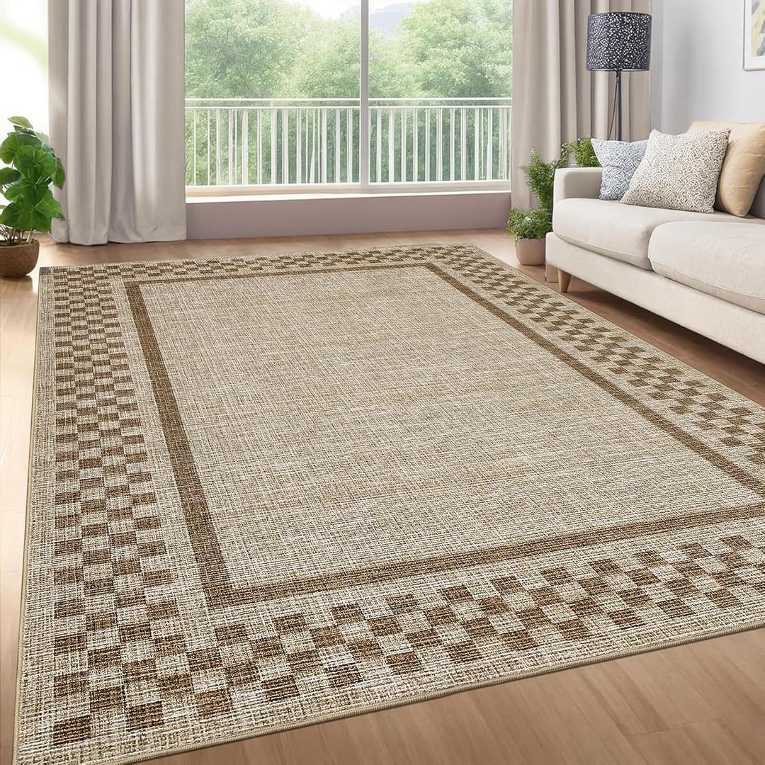 GarveeHome Modern Bordered 8x10 Area Rugs for Living Room Bedroom Soft Washable Large Bedroom Throw Carpet Non Slip Checkered Geometric Rugs for Dining Room Home Decor Office, Taupe
