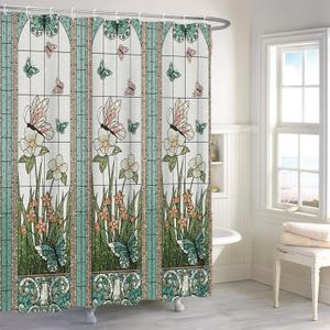 Green Garden Shower Curtain, Colorful Butterfly Floral Shower Curtain Set for Bathroom, Modern Design Plant Fabric Bath Curtain with Hooks, 72x72in (45)