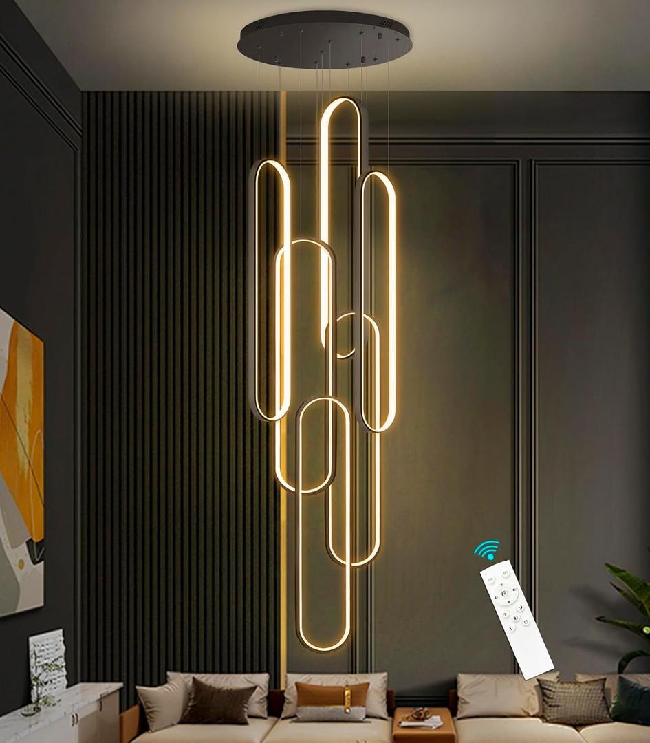 Modern LED Chandeliers for Foyer Entryway High Ceiling Long Staircase Chandeliers Dimmable Dimmable Flush Mount High Villa Foyer 2700k-6000k (26in x 7.9in x 118in, Black)