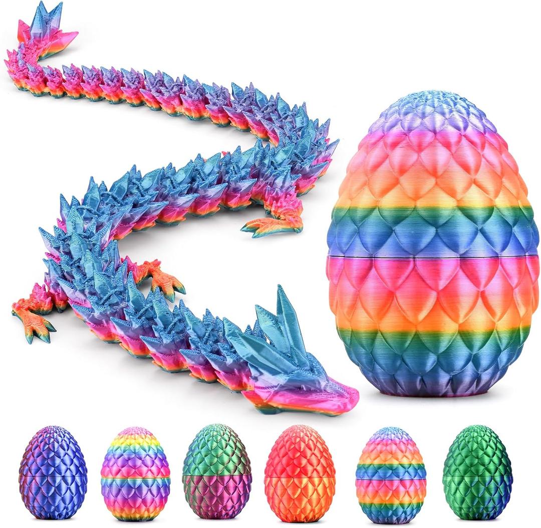 2 x 3D Printed Dragon,Mystery Easter Crystal 3D Dragon Egg,Dragon Eggs with Dragon Inside,3D Printed Animals Fidget Desk Decor(Rainbow, 8in)