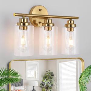 3-Light Bathroom Light Fixtures, Gold Modern Vanity Light with Clear Glass Shade, Bathroom Lighting Fixtures Over Mirror, Bathroom Wall Lamp for Mirror Living Room Bedroom Kitchen Hallway