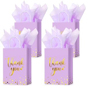 Tinlade 30 Pcs Thank You Gift Bags with Tissue Paper Gold Thank You Wedding Bags with Handle for Graduation Business Shopping Wedding Baby Shower Party Favors(Light Purple)