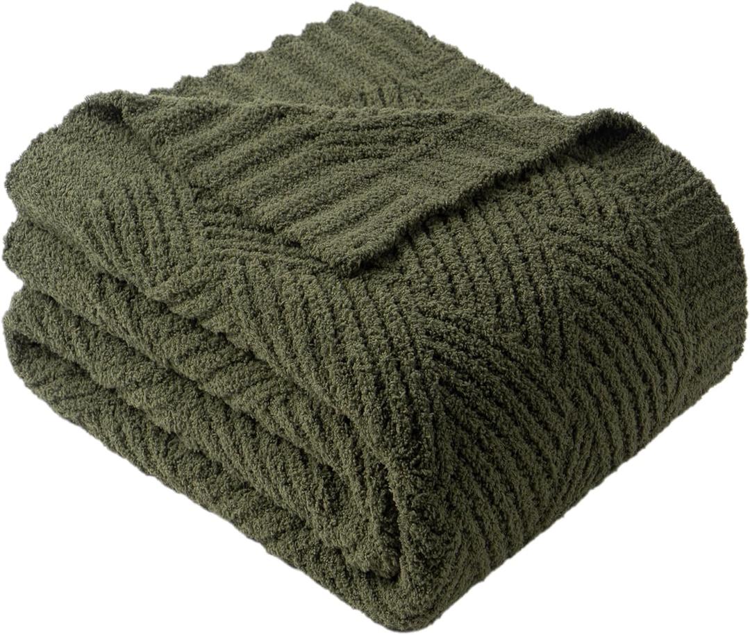 Battilo Olive Green Chenille Throw Blanket for Couch, Soft Diamond Textured Knit Green Blanket, Cozy Lightweight Decorative Blankets for Sofa, 50"x60"
