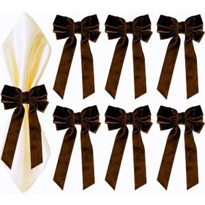 Bow Napkin Rings Set of 6 Luxury Soft Brown Velvet Napkin Holders, Elegant Bow Design for Christmas Holiday Dinner Wedding Party Table Decor