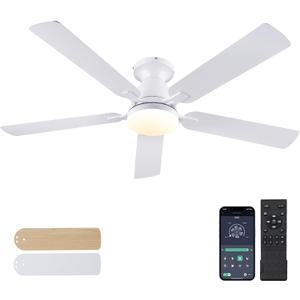 Modern 56" Flush Mount Ceiling Fan with Light and Remote/APP Control, Low Profile, Reversible, Dimmable, Noiseless, White Fan for Bedroom (White-56in)