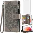 Asuwish Compatible with Samsung Galaxy S21 Glaxay S 21 5G 6.2 inch Wallet Case and Tempered Glass Screen Protector Flower Leather Flip Card Holder Cell Phone Cover for Gaxaly 21S G5 Women Men (Gray)