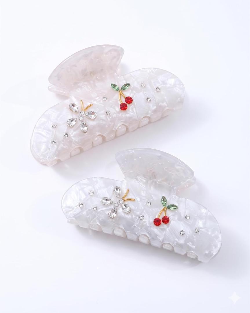 2PCS Cherry Hair Claw Clips for Women Girls with Rhinestone - Cute Medium Clips in Red Cherry, Kawaii Trendy Acrylic Accessories for Birthday Gifts
