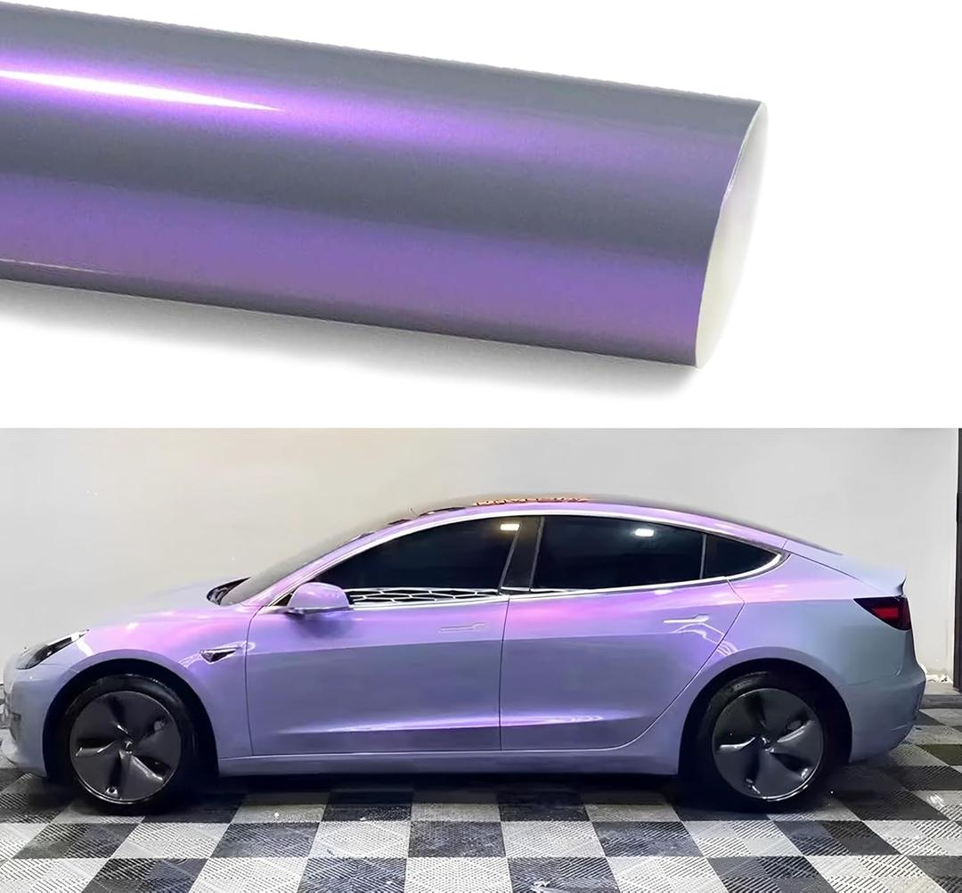 Lypumso Chameleon Vinyl Wrap Grey to Purple, Glossy Car Wrap Vinyl with Air Release Self Adhesive Vehicle Body Decal Stickers Film Color Change DIY Car Wrap for Automotive Exterior Interior 1ft x 10ft