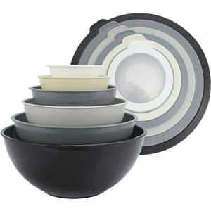 COOK WITH COLOR Mixing Bowls with TPR Lids - 12 Piece Plastic Nesting Set includes 6 Prep and Lids, Microwave Safe Bowl (Black Ombre) (Black Ombre TPR Lids)