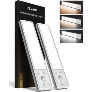 EZVALO 8" Under Cabinet Lighting, 2400mAh Rechargeable Motion Sensor Light Indoor, Mini & Slim Design, 3 Color Temps, Dimmable Magnetic Wireless Closet Lights for Kitchen, Pantry, Stairs (2 Pack) (Silver)