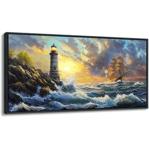 CHATYOUNG Large Wall Art Living Room, Ocean Sunrise Big Waves Framed Wall Pictures Beach Sailboat Lighthouse Landscape Canvas Paintings for Bedroom Dining Room Kitchen Office Home Decor 29x58 IN (Yellow Gray Blue)