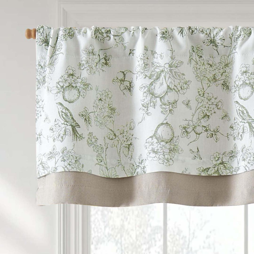 Vangao Linen Valance Curtain Farmhouse Floral Small Window Curtain Double Layer Light Filtering Valance for Kitchen Rustic Drape for Living Room 16 Inch Rod Pocket 1 Panel Green on Beige