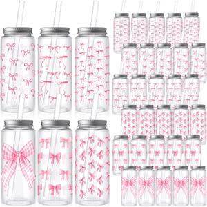 Skylety 30 Pcs Coquette Bow Aesthetic Cup Plastic Tumbler with Lids and Straws 13.5 oz Reusable Cute Plastic Cups for Women Sea Summer Birthday Bridal Wedding Party Supplies