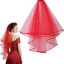 2 x Wedding Veil for Brides, 2 Tier Tulle Cathedral Bridal Veil with Comb for Women Wedding Bachelorette Party Halloween Costume, Red (Red)