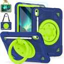 for iPad (A16) 11th Generation Case 11 Inch 2025, iPad 10th Generation case 10.9 Inch 2022, Shockproof Case with Screen Protector, 360 Rotating Stand Shoulder Strap Pencil Holder (Navy+Green)